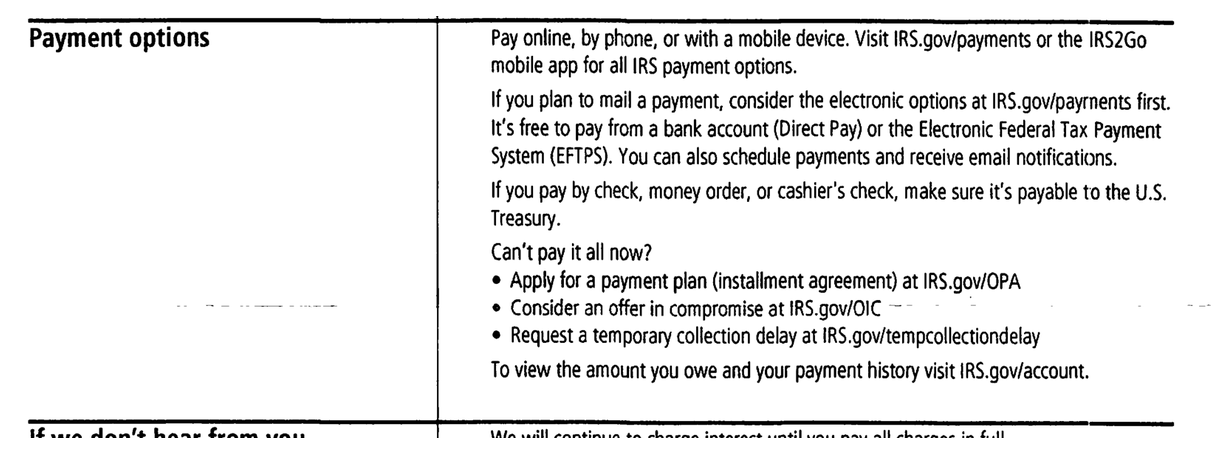 IRS Notice CP15B payment options including installment agreement, offer in compromise, and collection delay