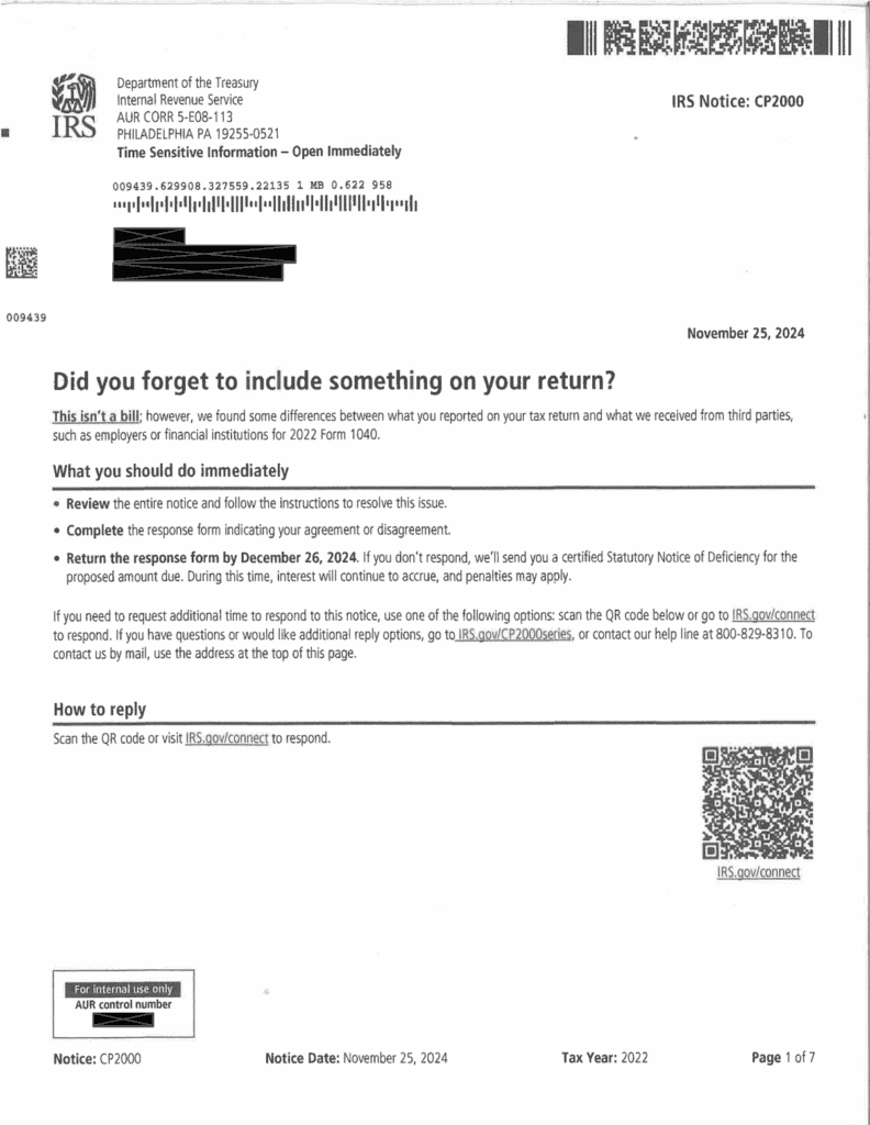 IRS Notice CP2000 page 1 with the headline Did you forget to include something on your return, the response deadline, and the IRS.gov/connect QR code
