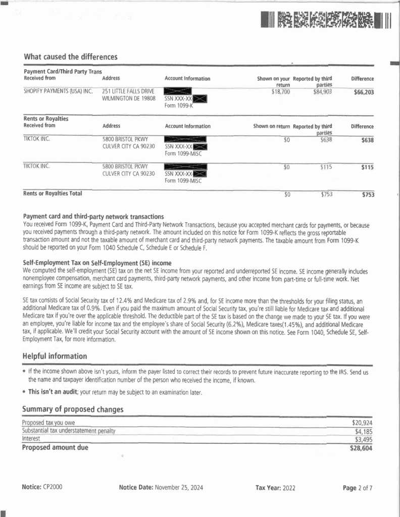 IRS Notice CP2000 page 2 showing the What caused the differences tables and the Summary of proposed changes