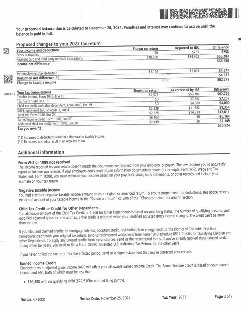 IRS Notice CP2000 page 3 showing the Proposed changes to your 2022 tax return tables