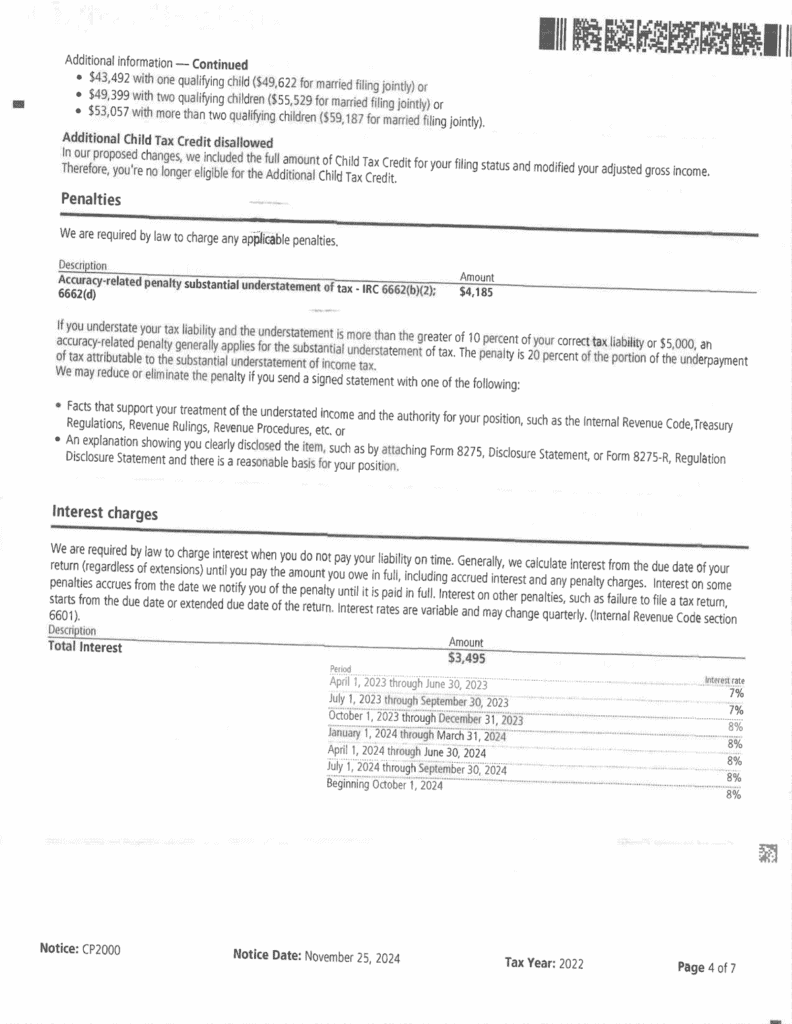 IRS Notice CP2000 page 4 showing the Penalties and Interest charges sections