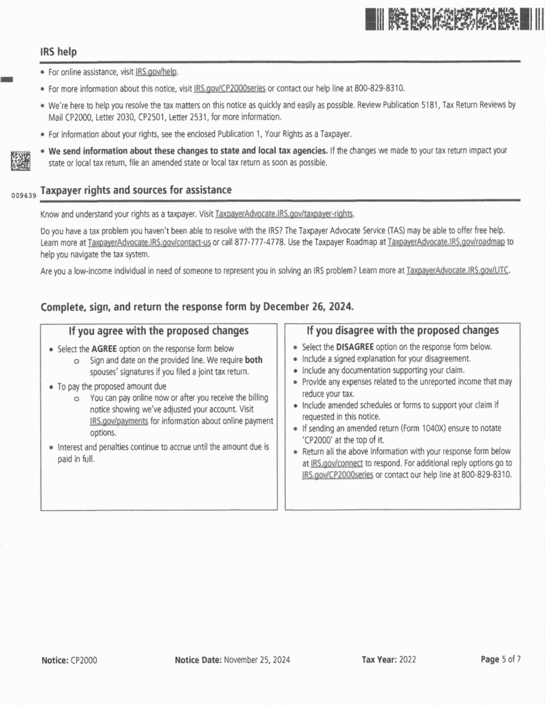 IRS Notice CP2000 page 5 showing IRS help, taxpayer rights, and the agree or disagree instructions
