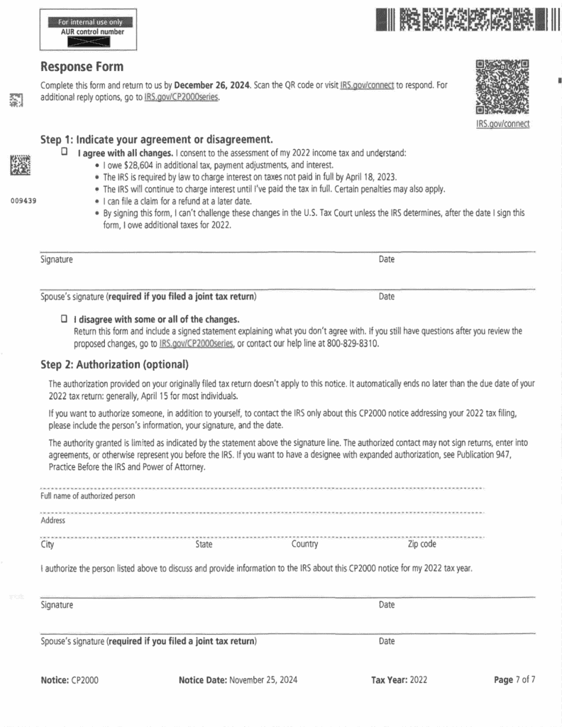 IRS Notice CP2000 page 7, the Response Form