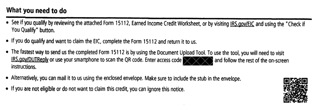 The What You Need To Do section of IRS Notice CP27 explaining Form 15112 and the Document Upload Tool on a redacted notice a Choice Tax Relief client received