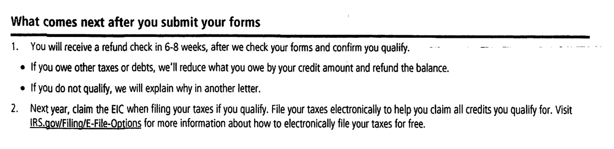 The What Comes Next After You Submit Your Forms section of IRS Notice CP27 explaining the six to eight week refund timeline on a redacted notice a Choice Tax Relief client received