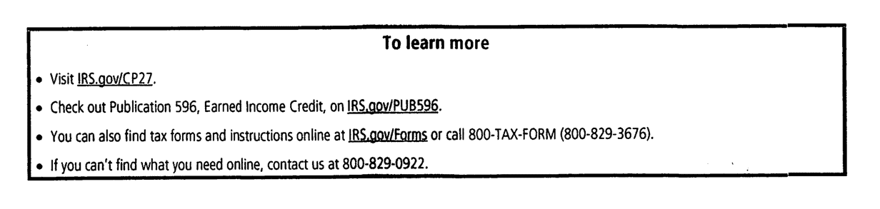The To Learn More box on IRS Notice CP27 listing IRS.gov/CP27, Publication 596, and the 800-829-0922 phone number on a redacted notice a Choice Tax Relief client received