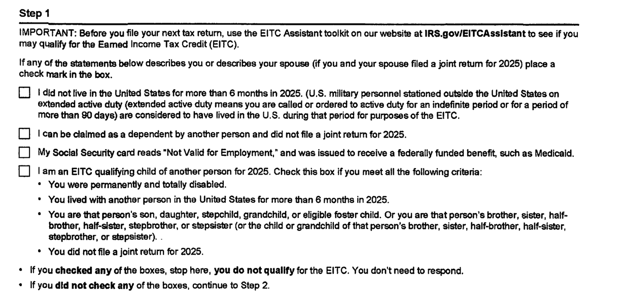 Step 1 of Form 15112 listing the four statements that disqualify you from the Earned Income Credit on a redacted notice a Choice Tax Relief client received