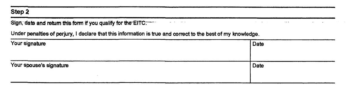 Step 2 of Form 15112 where you sign and date the Earned Income Credit Worksheet on a redacted notice a Choice Tax Relief client received