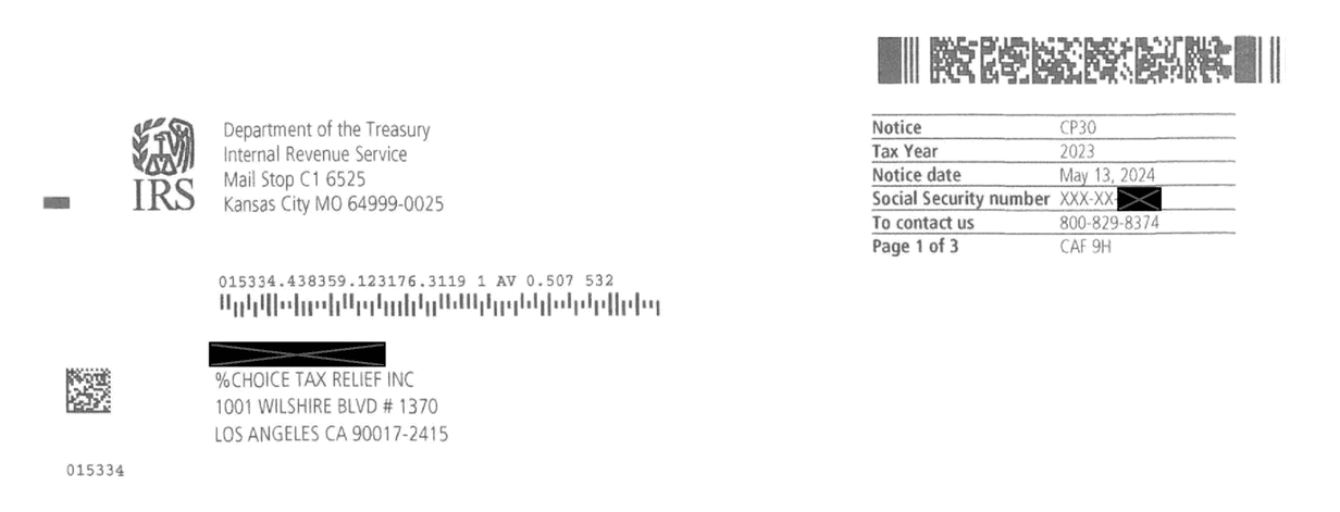 IRS Notice CP30 header showing the Kansas City address and the notice information box