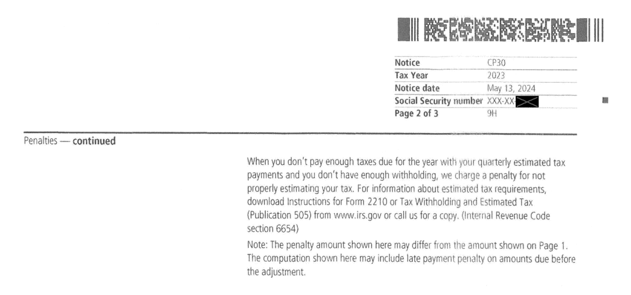 IRS Notice CP30 page 2 Penalties continued section citing Internal Revenue Code section 6654