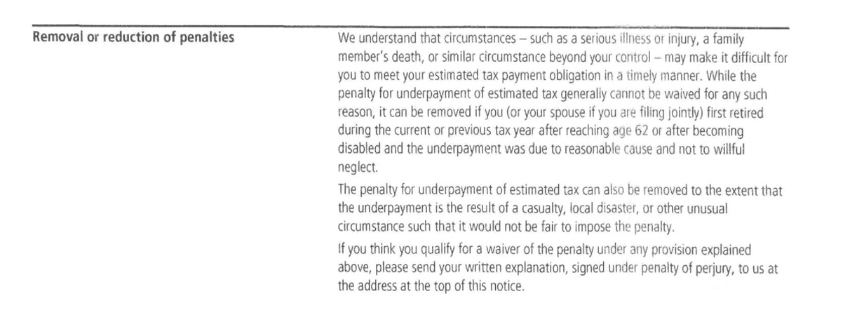 IRS Notice CP30 Removal or reduction of penalties section explaining the retirement, disability, casualty, and disaster waivers