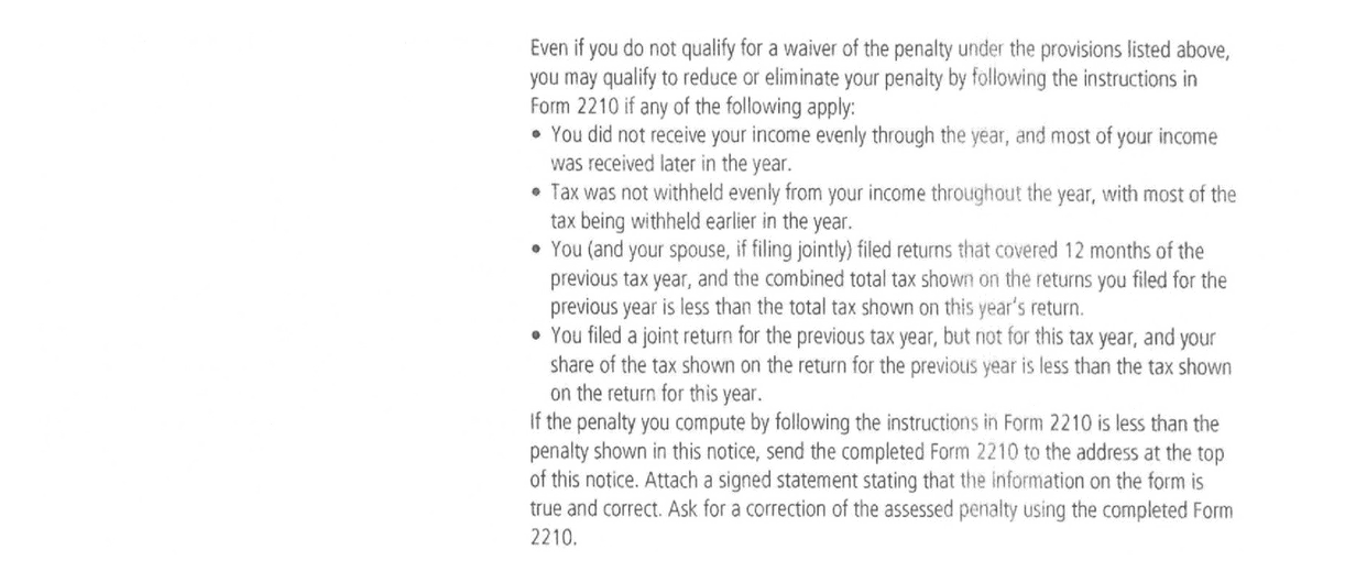 IRS Notice CP30 page 2 listing the four Form 2210 situations that can reduce or eliminate the estimated tax penalty