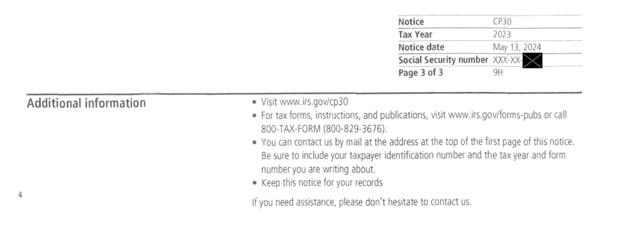IRS Notice CP30 page 3 additional information bullets and contact instructions