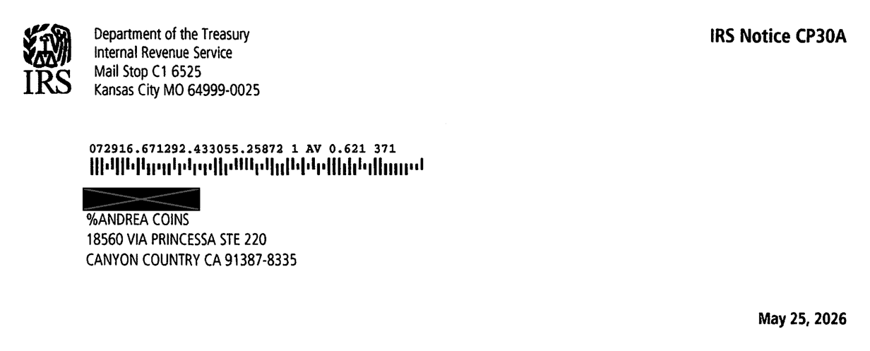 IRS Notice CP30A header showing the IRS address, the notice name, the redacted client name and address, and the notice date