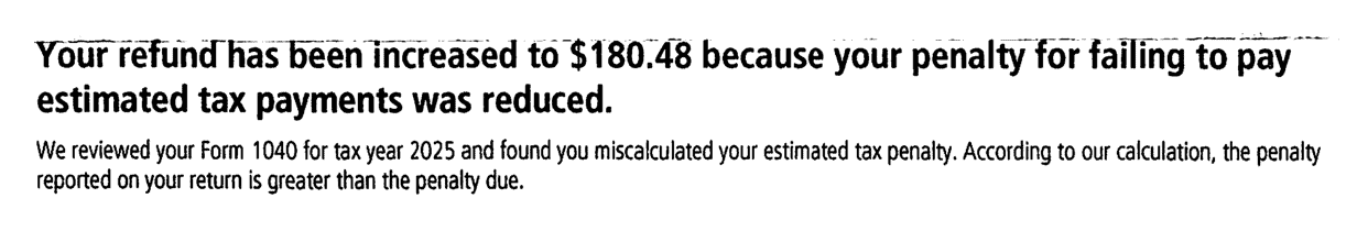 IRS Notice CP30A headline stating the refund has been increased because the estimated tax penalty was reduced