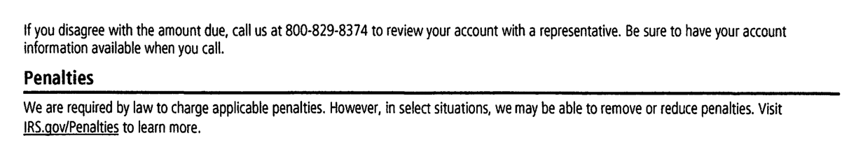 IRS Notice CP30A penalties section and the phone number to call if you disagree