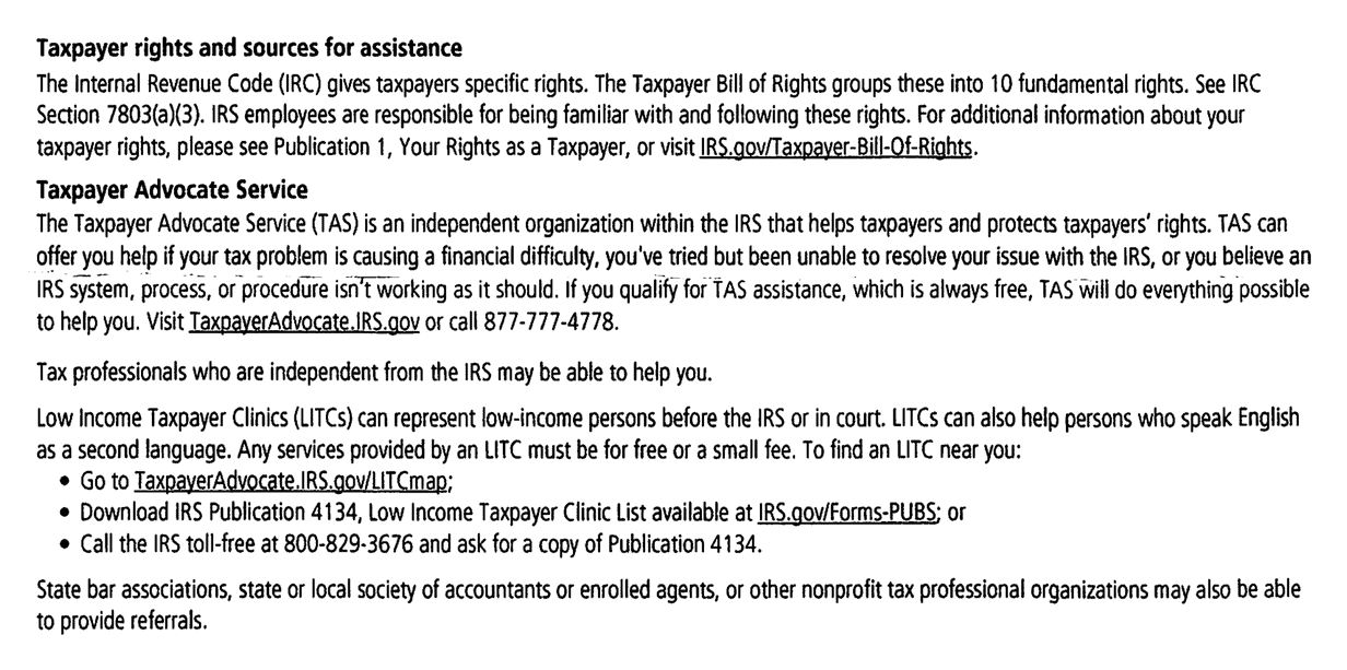 IRS Notice CP30A taxpayer rights, Taxpayer Advocate Service and Low Income Taxpayer Clinic information