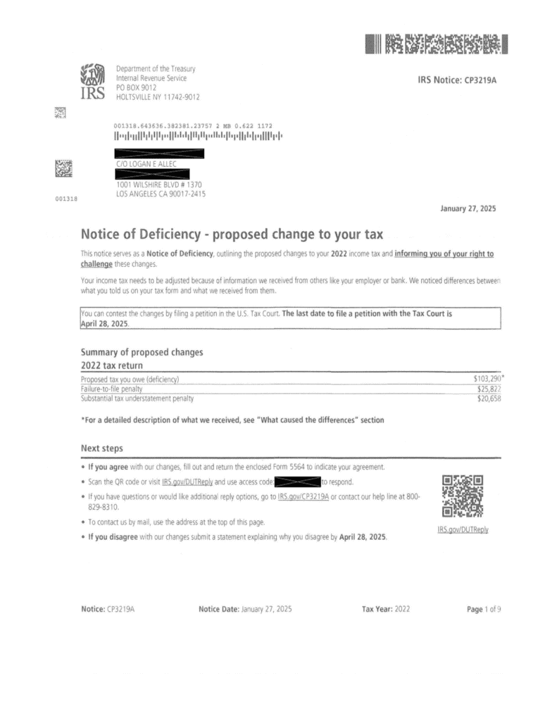 Page 1 of the redesigned IRS Notice CP3219A showing the Notice of Deficiency headline, the last date to file a Tax Court petition, the summary of proposed changes, and the QR code for responding online