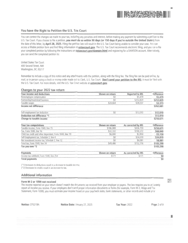 Page 2 of the redesigned IRS Notice CP3219A showing your right to petition the U.S. Tax Court and the Changes to your 2022 tax return tables