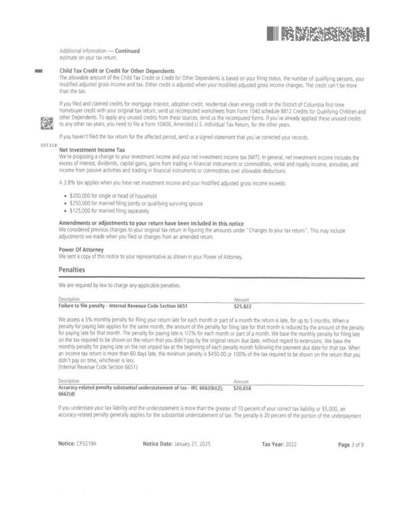 Page 3 of the redesigned IRS Notice CP3219A showing the additional information paragraphs and the failure-to-file and substantial understatement penalties