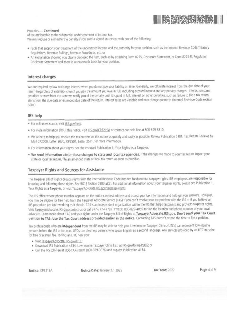 Page 4 of the redesigned IRS Notice CP3219A showing how to request penalty relief, interest charges, IRS help, and taxpayer rights