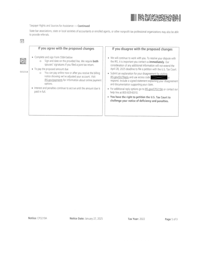 Page 5 of the redesigned IRS Notice CP3219A showing the if you agree and if you disagree boxes