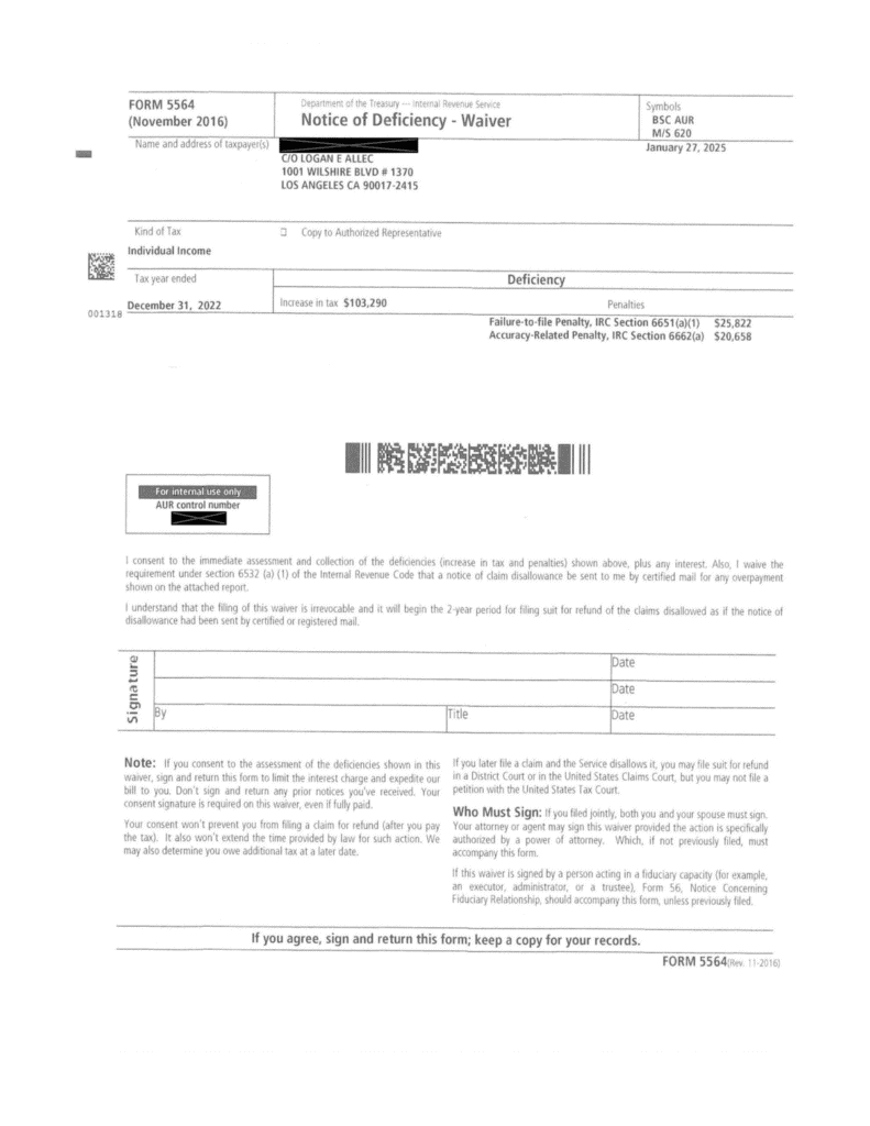 Page 7 of IRS Notice CP3219A, the Form 5564 Notice of Deficiency Waiver, showing the deficiency, the penalties, and the consent language above the signature lines