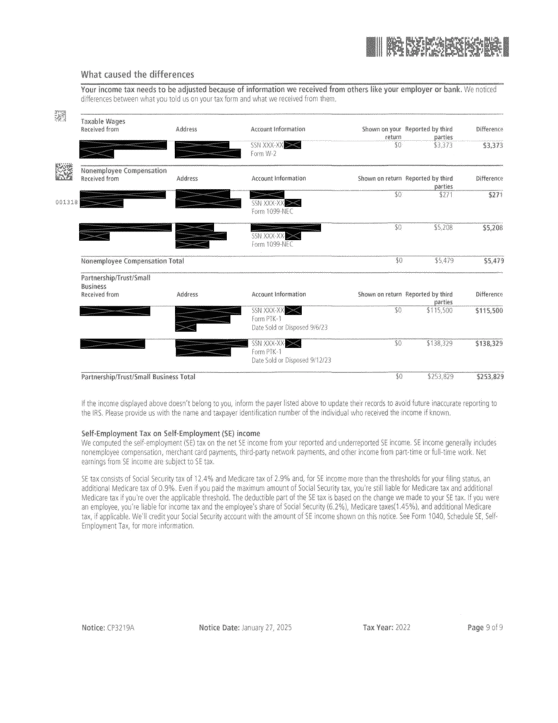Page 9 of the redesigned IRS Notice CP3219A showing the What caused the differences table listing each Form W-2, Form 1099-NEC, and partnership K-1 the IRS received