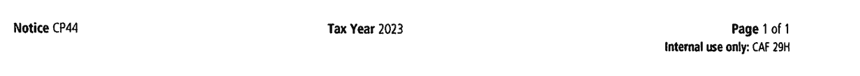 IRS Notice CP44 footer showing notice number and tax year