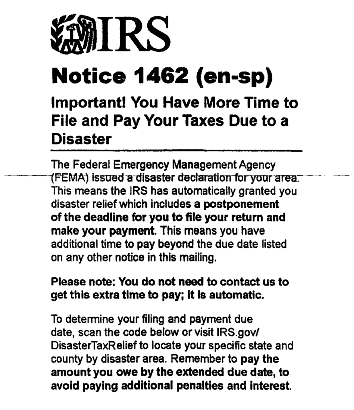 IRS Notice 1462 disaster tax relief insert included with the CP44