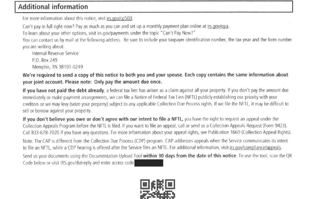 CP503 Notice Additional Information Including Federal Tax Lien Warning