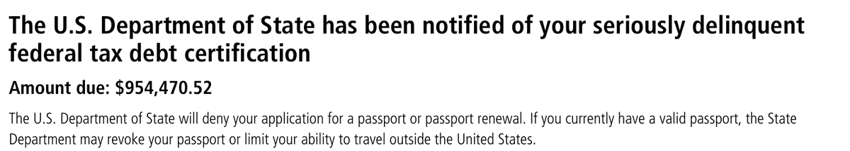 IRS Notice CP508C headline stating the State Department has been notified of seriously delinquent federal tax debt, with amount due