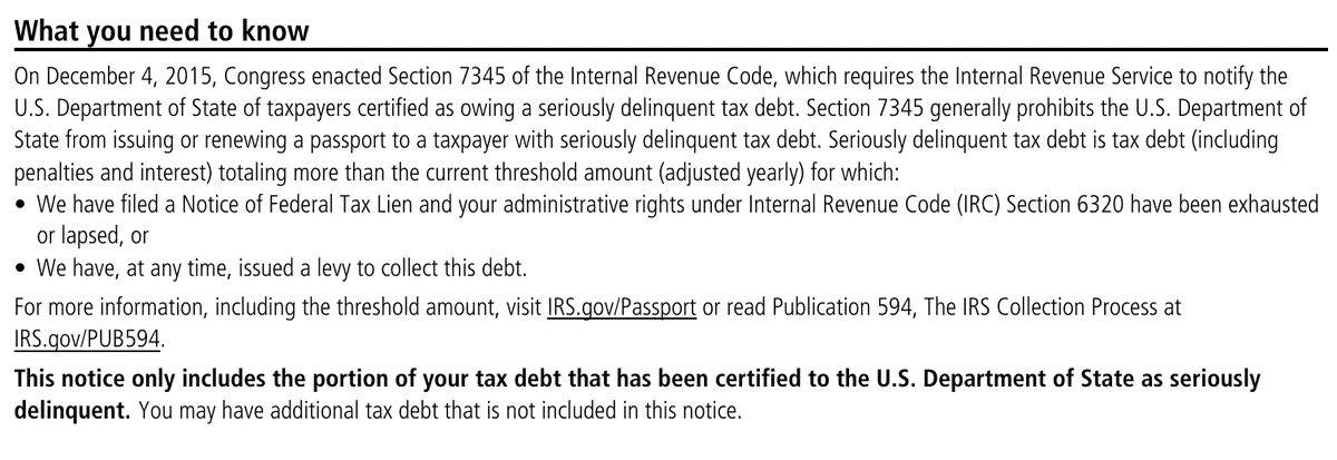 IRS Notice CP508C What you need to know section explaining Section 7345 and the definition of seriously delinquent tax debt