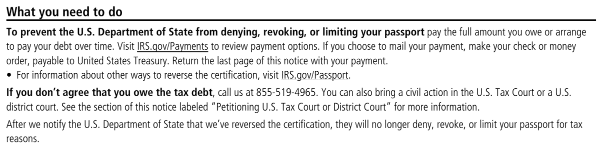 IRS Notice CP508C What you need to do section describing how to prevent passport denial and how to dispute the debt