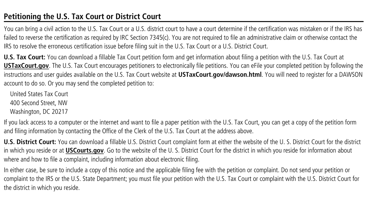 IRS Notice CP508C section explaining how to petition the U.S. Tax Court or a U.S. district court over the certification