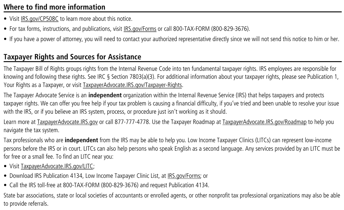 IRS Notice CP508C taxpayer rights section covering the Taxpayer Advocate Service and Low Income Taxpayer Clinics