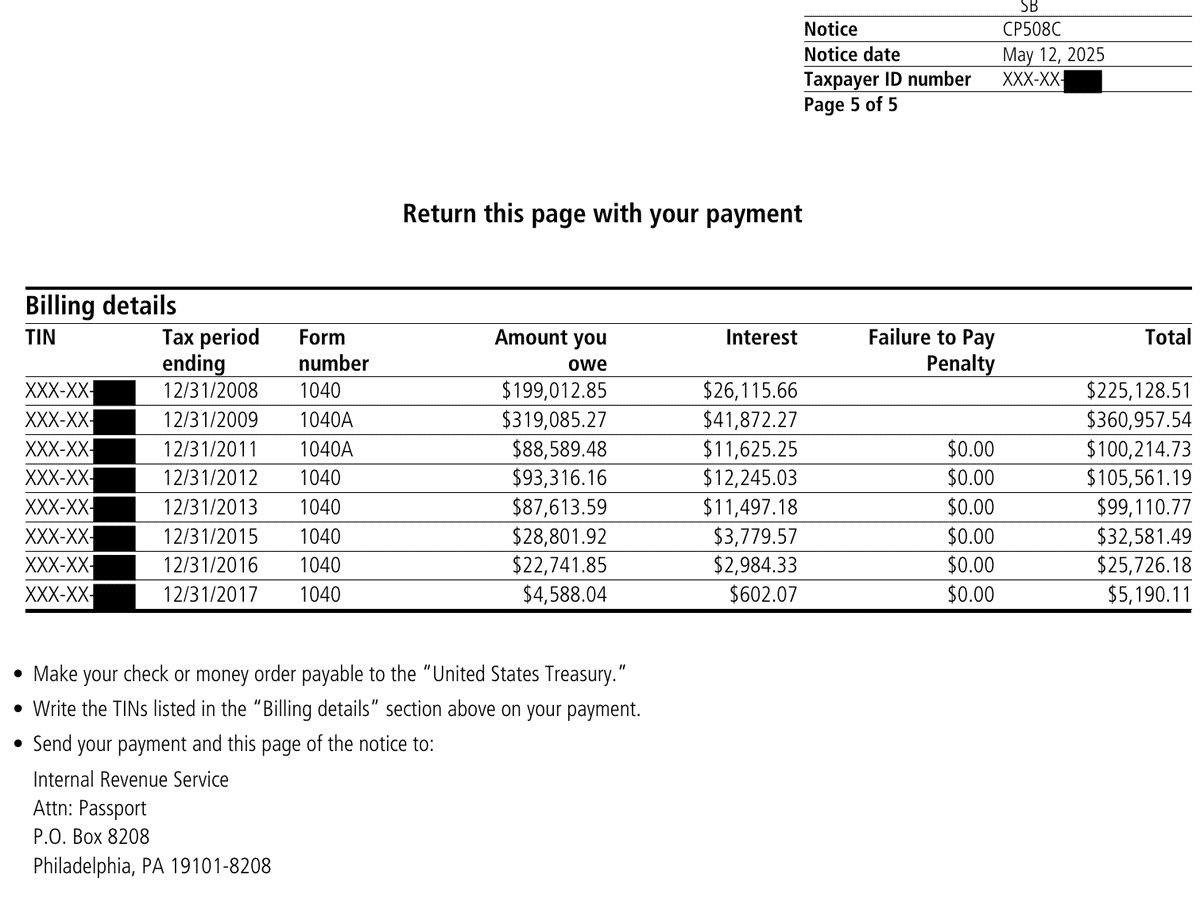 IRS Notice CP508C payment stub page with billing details to return with payment to the IRS passport unit in Philadelphia