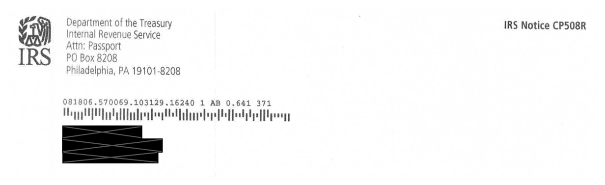 IRS Notice CP508R header showing the Philadelphia IRS passport unit address on a redacted notice a Choice Tax Relief client received