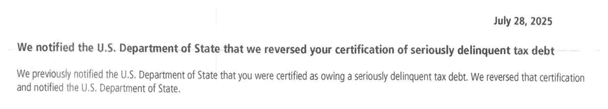 IRS Notice CP508R notice date and headline stating the IRS notified the U.S. Department of State that it reversed the certification of seriously delinquent tax debt