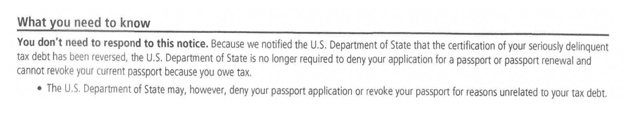 IRS Notice CP508R What you need to know section explaining that no response is required after the certification is reversed