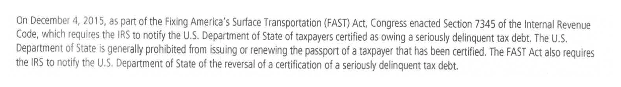 IRS Notice CP508R paragraph explaining Section 7345 of the Internal Revenue Code enacted by the FAST Act