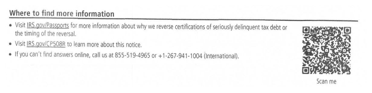 IRS Notice CP508R Where to find more information section listing IRS.gov resources and passport unit phone numbers