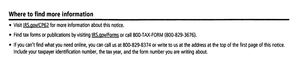 Where to find more information section listing IRS.gov/CP62 and the 800-829-8374 phone number on a redacted CP62 notice a Choice Tax Relief client received