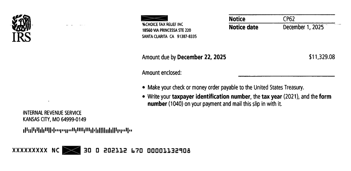 Detachable payment stub showing the amount due of $11,329.08 and the coded scan line at the bottom on a redacted CP62 notice a Choice Tax Relief client received