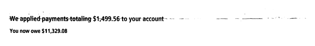 Headline reading we applied payments totaling $1,499.56 to your account and you now owe $11,329.08 on a redacted CP62 notice a Choice Tax Relief client received