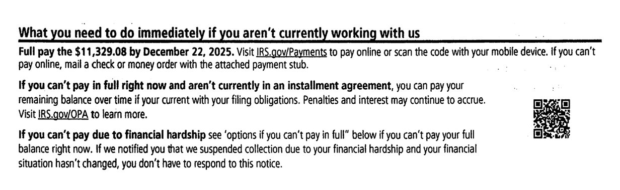What you need to do immediately section listing full payment, installment agreement and hardship options on a redacted CP62 notice a Choice Tax Relief client received