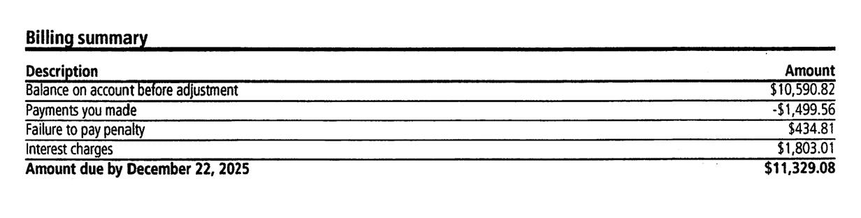 Billing summary showing balance before adjustment, payments made, failure to pay penalty and interest charges on a redacted CP62 notice a Choice Tax Relief client received