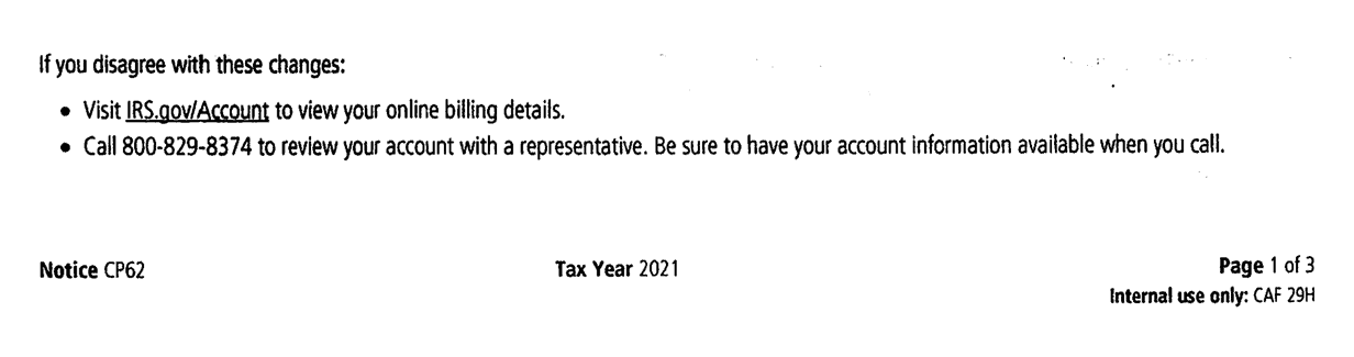 If you disagree with these changes bullets and the page footer showing tax year 2021 on a redacted CP62 notice a Choice Tax Relief client received