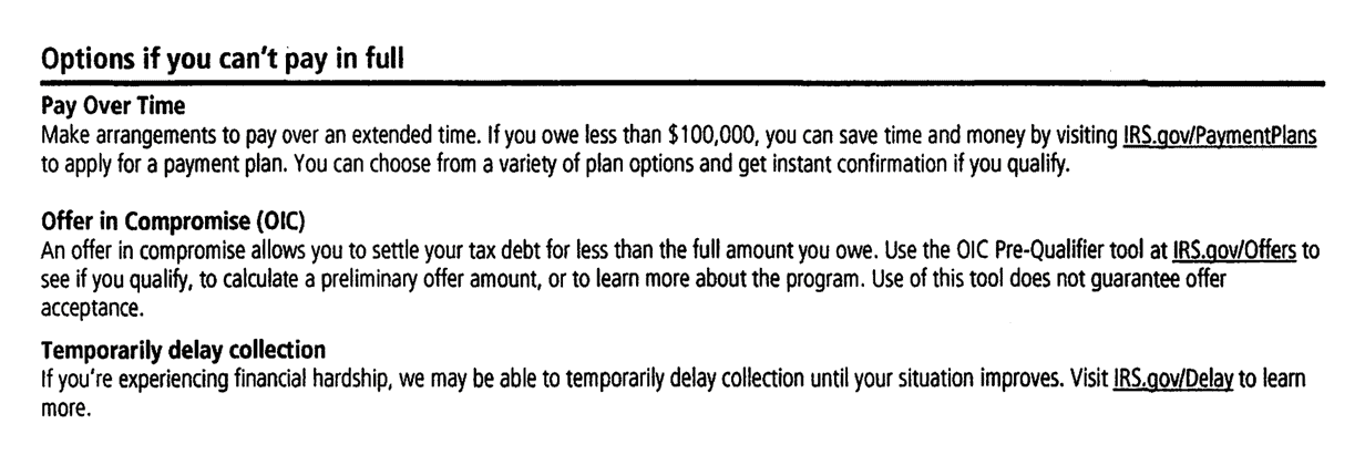 Options if you cannot pay in full describing payment plans, offer in compromise and temporarily delaying collection on a redacted CP62 notice a Choice Tax Relief client received