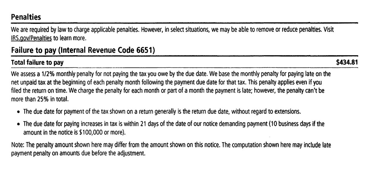 Penalties section and failure to pay explanation under Internal Revenue Code 6651 totaling $434.81 on a redacted CP62 notice a Choice Tax Relief client received